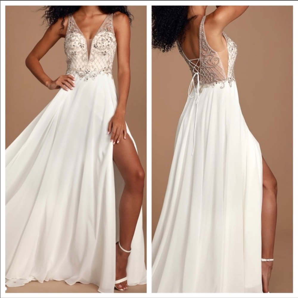 Forever and ever White Lace Up Rhinestone Dress